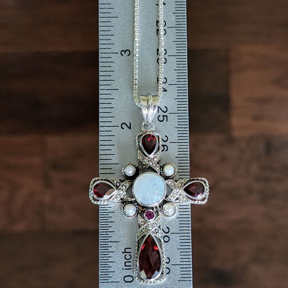 Nicky Butler Sterling Silver Cross Pendant NB Necklace Garnet Moonstone & Pearl
